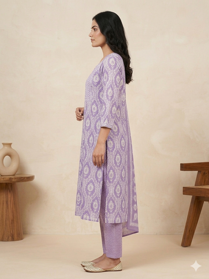 Miramaar Women's Purple Printed Cotton Kurta Set with Dupatta