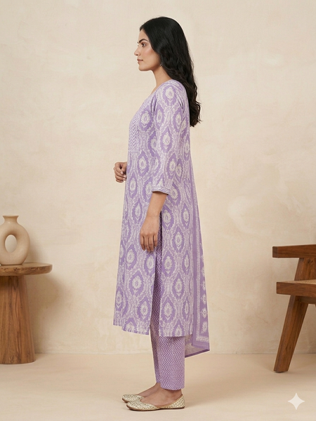 Miramaar Women's Purple Printed Cotton Kurta Set with Dupatta