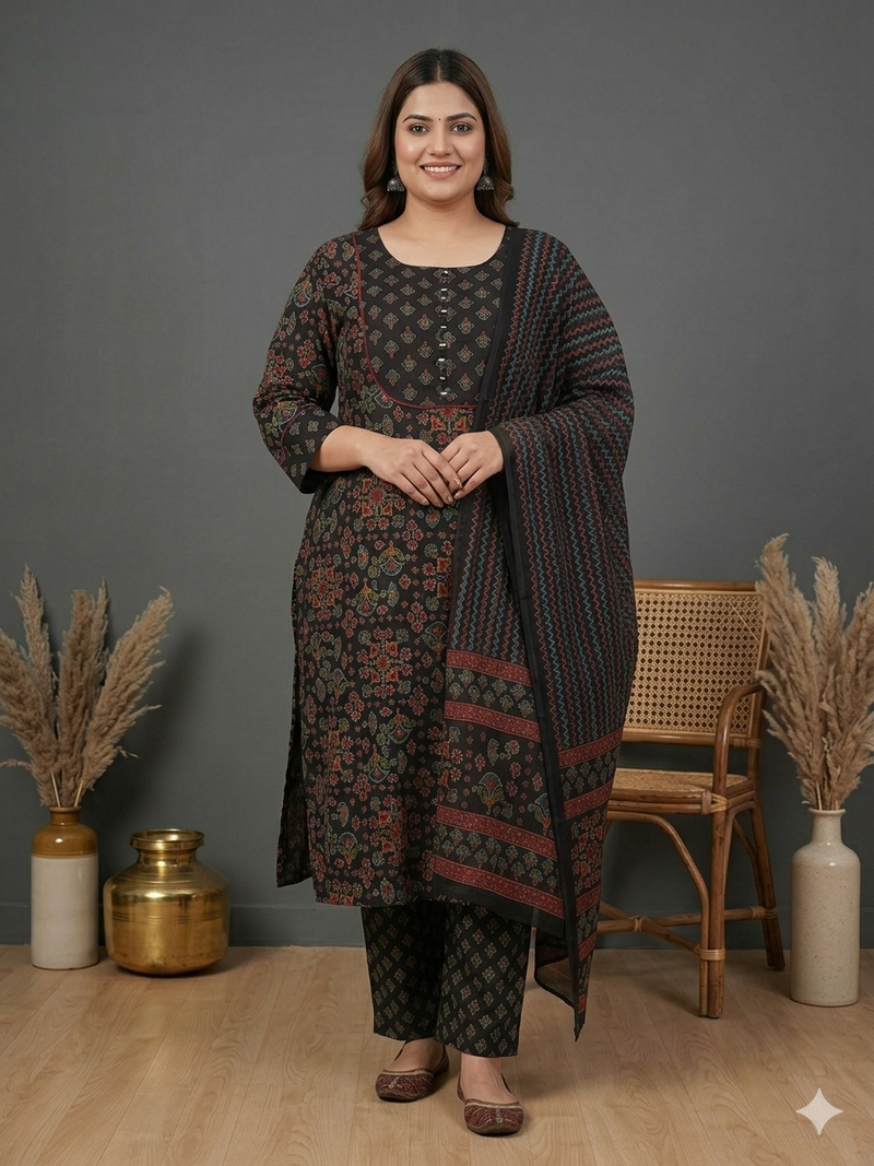 Miramaar Women's Black Printed Cotton Straight Kurta Set with Dupatta