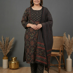 Miramaar Women's Black Printed Cotton Straight Kurta Set with Dupatta