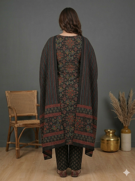 Miramaar Women's Black Printed Cotton Straight Kurta Set with Dupatta