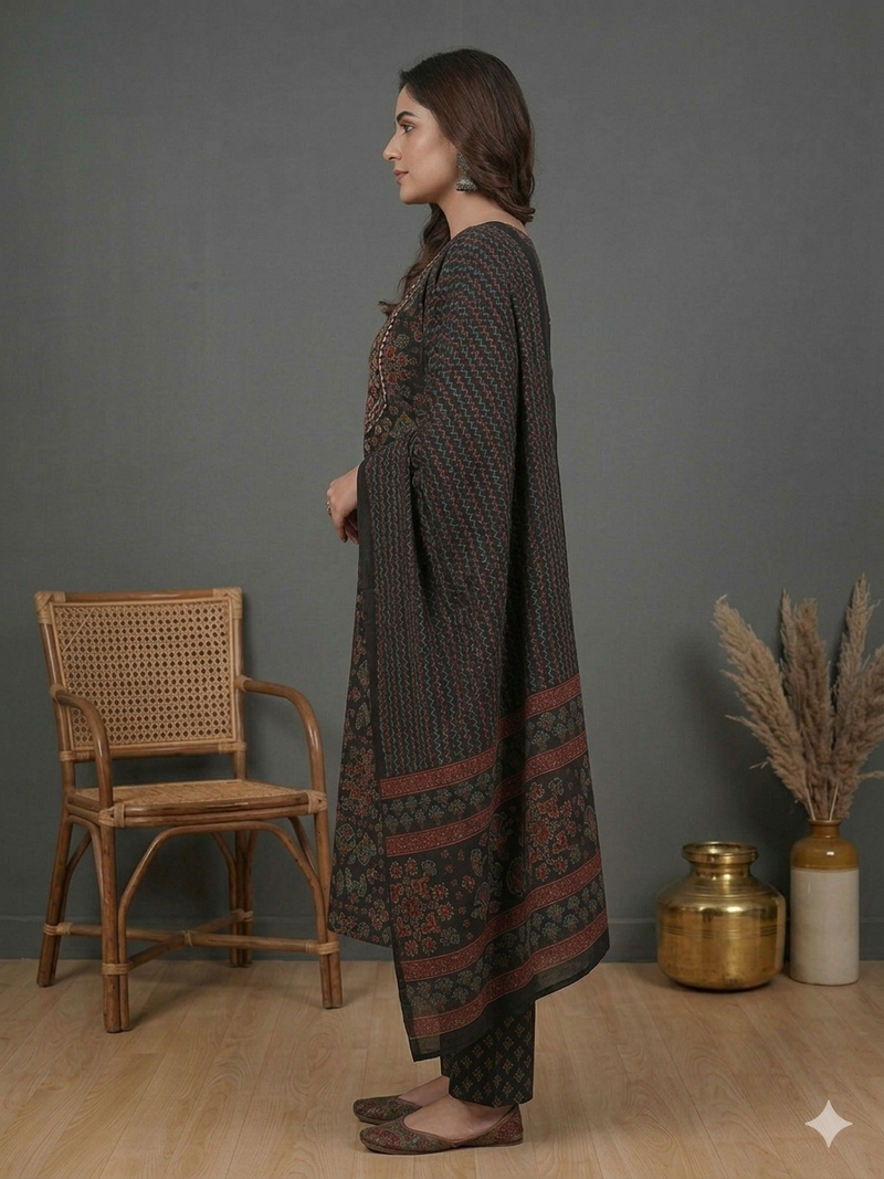 Miramaar Women's Black Printed Cotton Straight Kurta Set with Dupatta