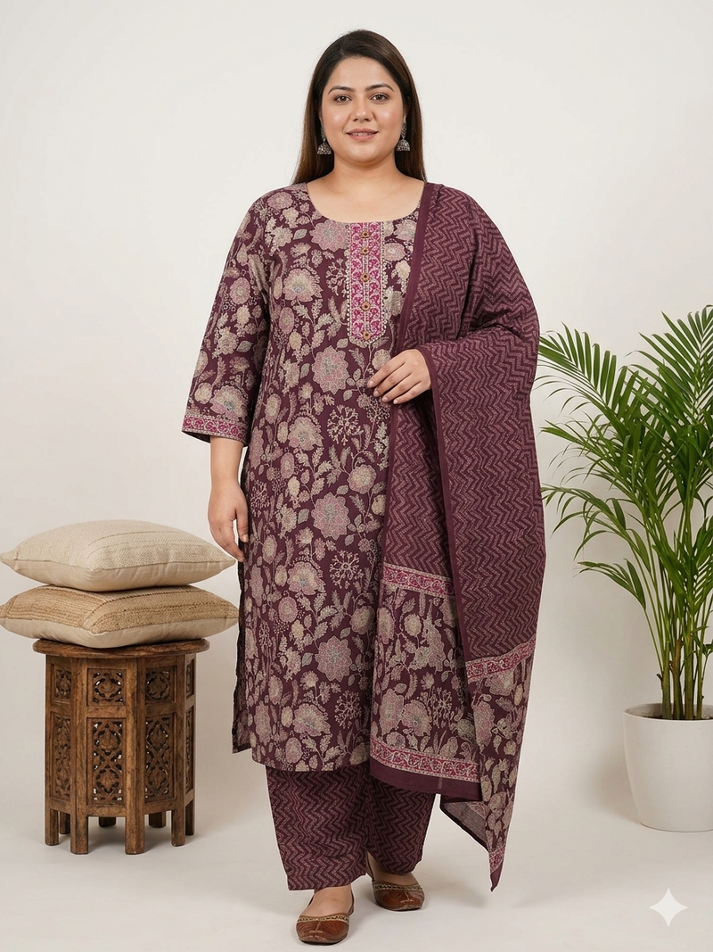 Miramaar Women's Purple Printed Cotton Straight Kurta Set with Dupatta