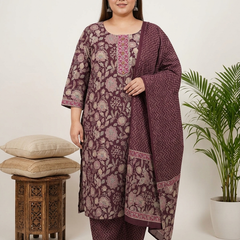 Miramaar Women's Purple Printed Cotton Straight Kurta Set with Dupatta
