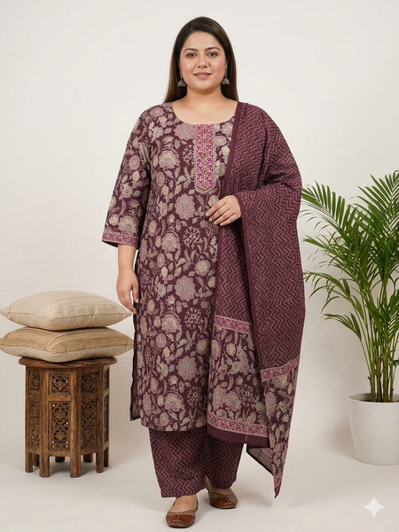 Miramaar Women's Purple Printed Cotton Straight Kurta Set with Dupatta