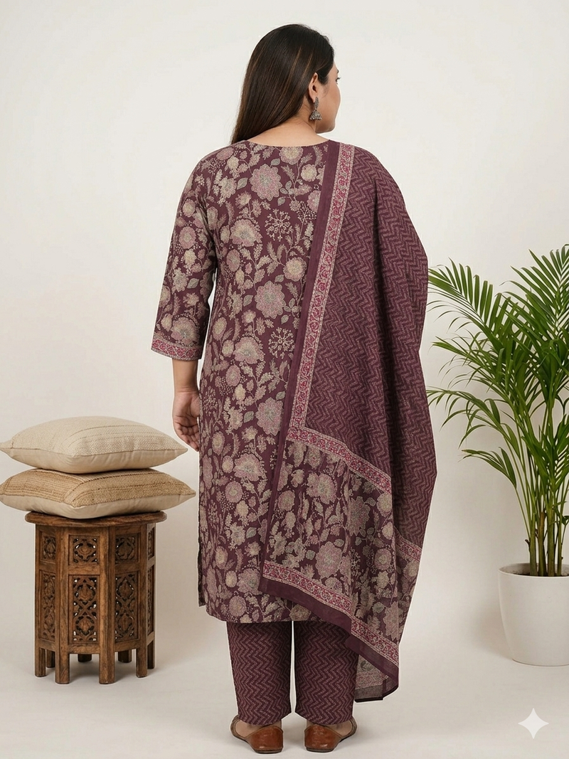 Miramaar Women's Purple Printed Cotton Straight Kurta Set with Dupatta