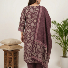 Miramaar Women's Purple Printed Cotton Straight Kurta Set with Dupatta