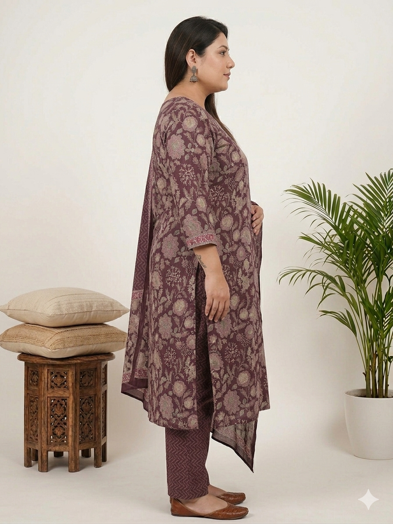 Miramaar Women's Purple Printed Cotton Straight Kurta Set with Dupatta