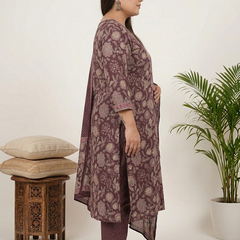Miramaar Women's Purple Printed Cotton Straight Kurta Set with Dupatta