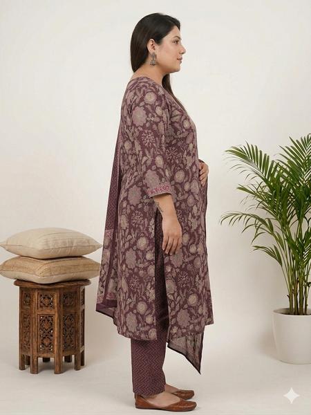 Miramaar Women's Purple Printed Cotton Straight Kurta Set with Dupatta