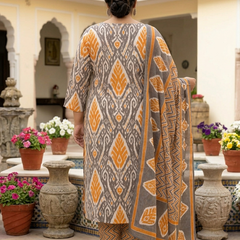 Miramaar Women's Orange Printed Cotton Straight Kurta Set with Dupatta