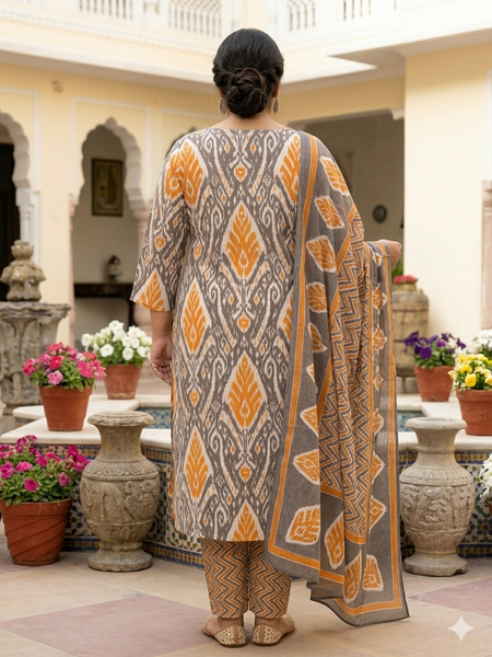 Miramaar Women's Orange Printed Cotton Straight Kurta Set with Dupatta