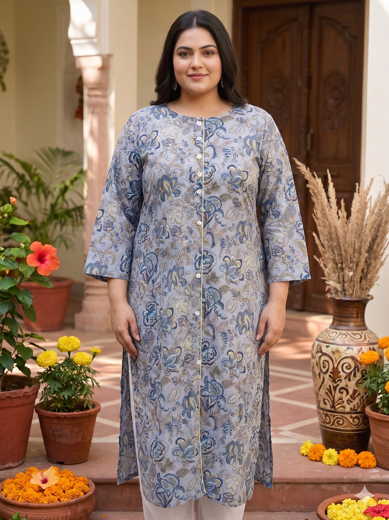 Miramaar Women's Grey Printed Cotton Kurti