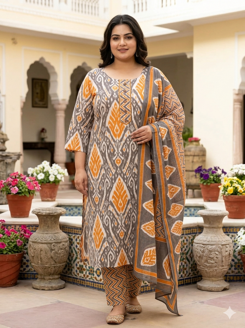 Miramaar Women's Orange Printed Cotton Straight Kurta Set with Dupatta