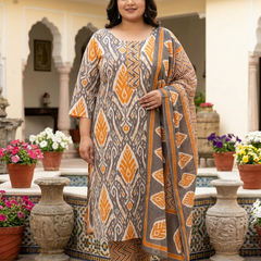 Miramaar Women's Orange Printed Cotton Straight Kurta Set with Dupatta
