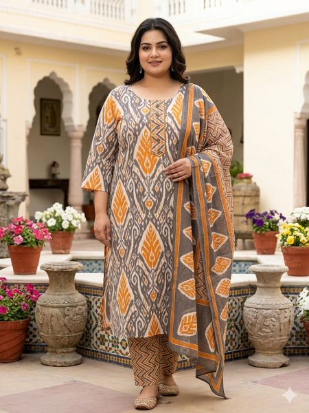 Miramaar Women's Orange Printed Cotton Straight Kurta Set with Dupatta