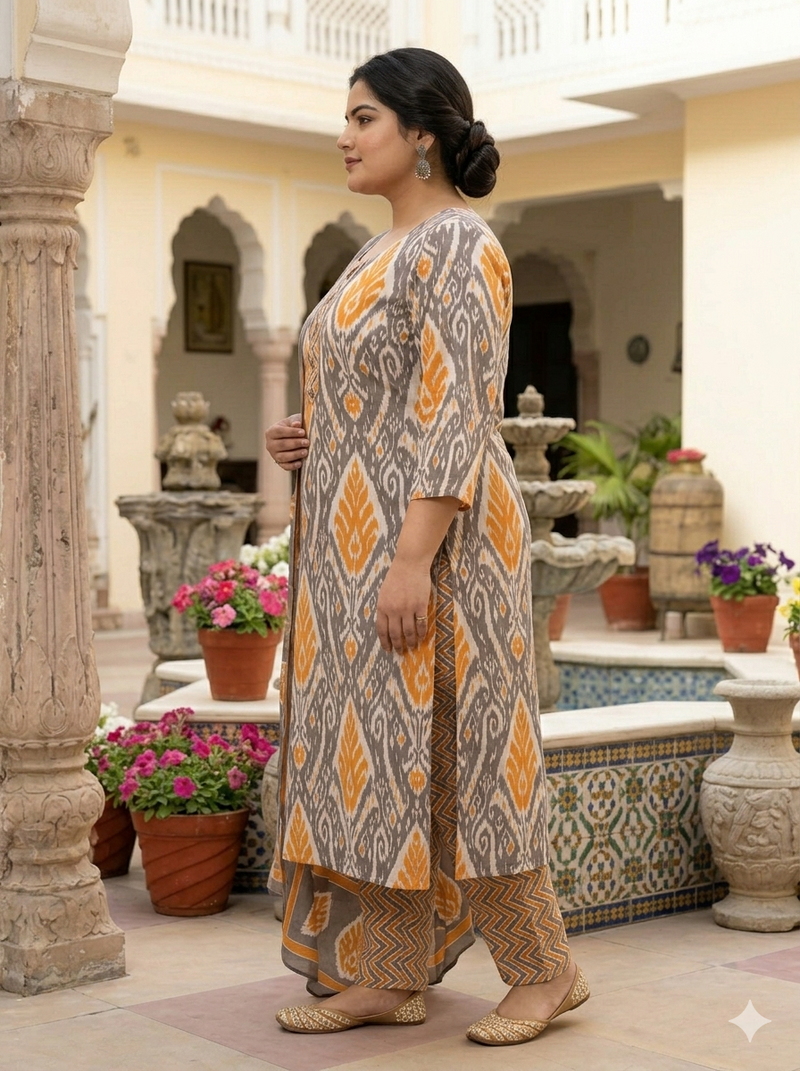 Miramaar Women's Orange Printed Cotton Straight Kurta Set with Dupatta