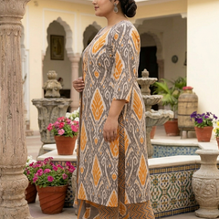 Miramaar Women's Orange Printed Cotton Straight Kurta Set with Dupatta