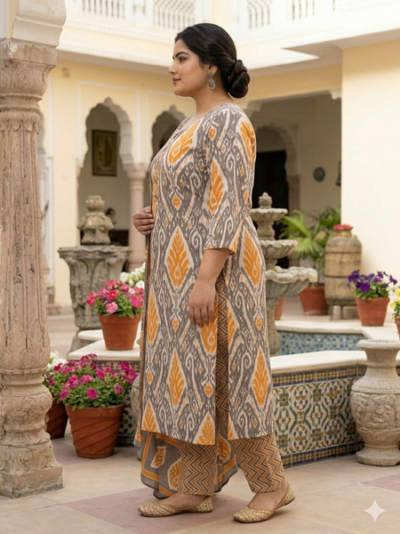 Miramaar Women's Orange Printed Cotton Straight Kurta Set with Dupatta