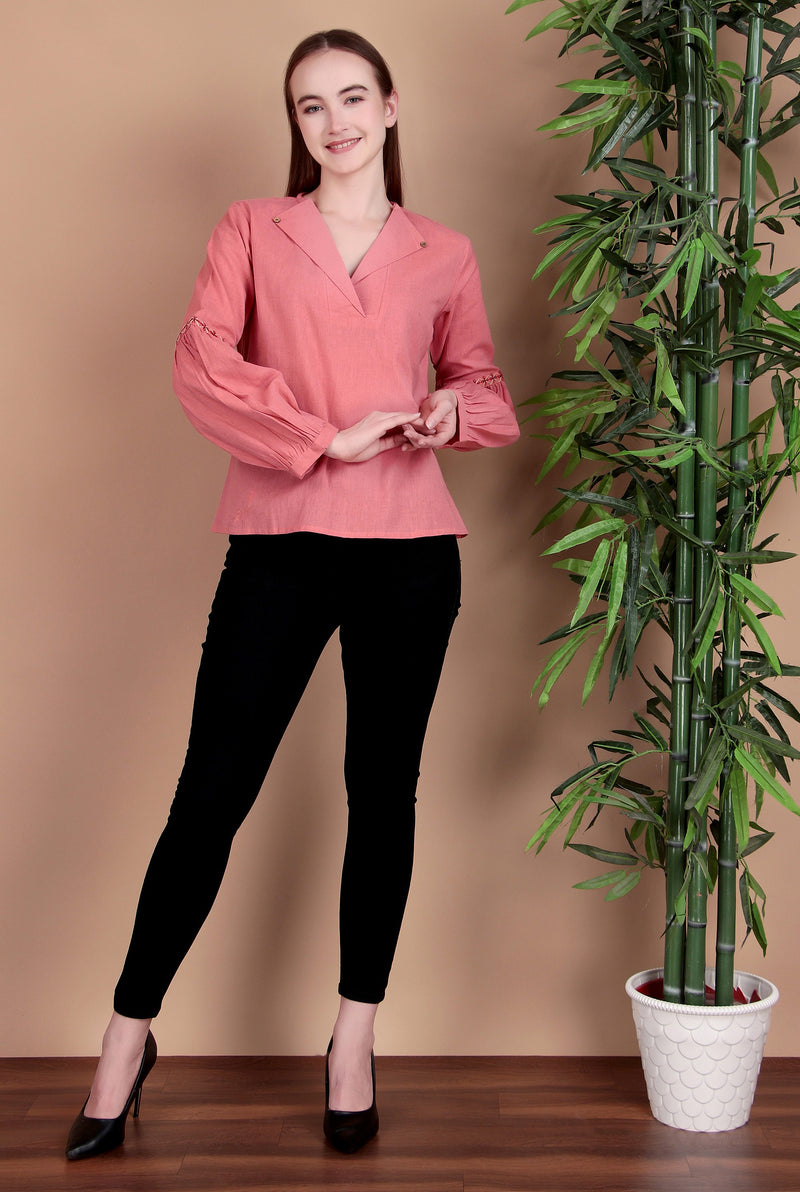 Miramaar Women's Cotton Flex Collared Pink Solid Embroidered Top