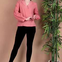 Miramaar Women's Cotton Flex Collared Pink Solid Embroidered Top