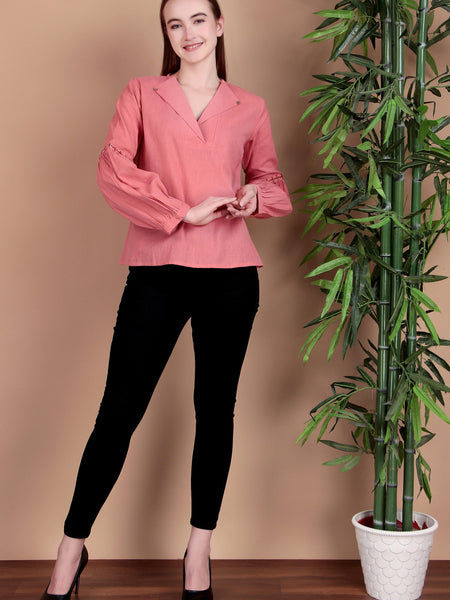 Miramaar Women's Cotton Flex Collared Pink Solid Embroidered Top