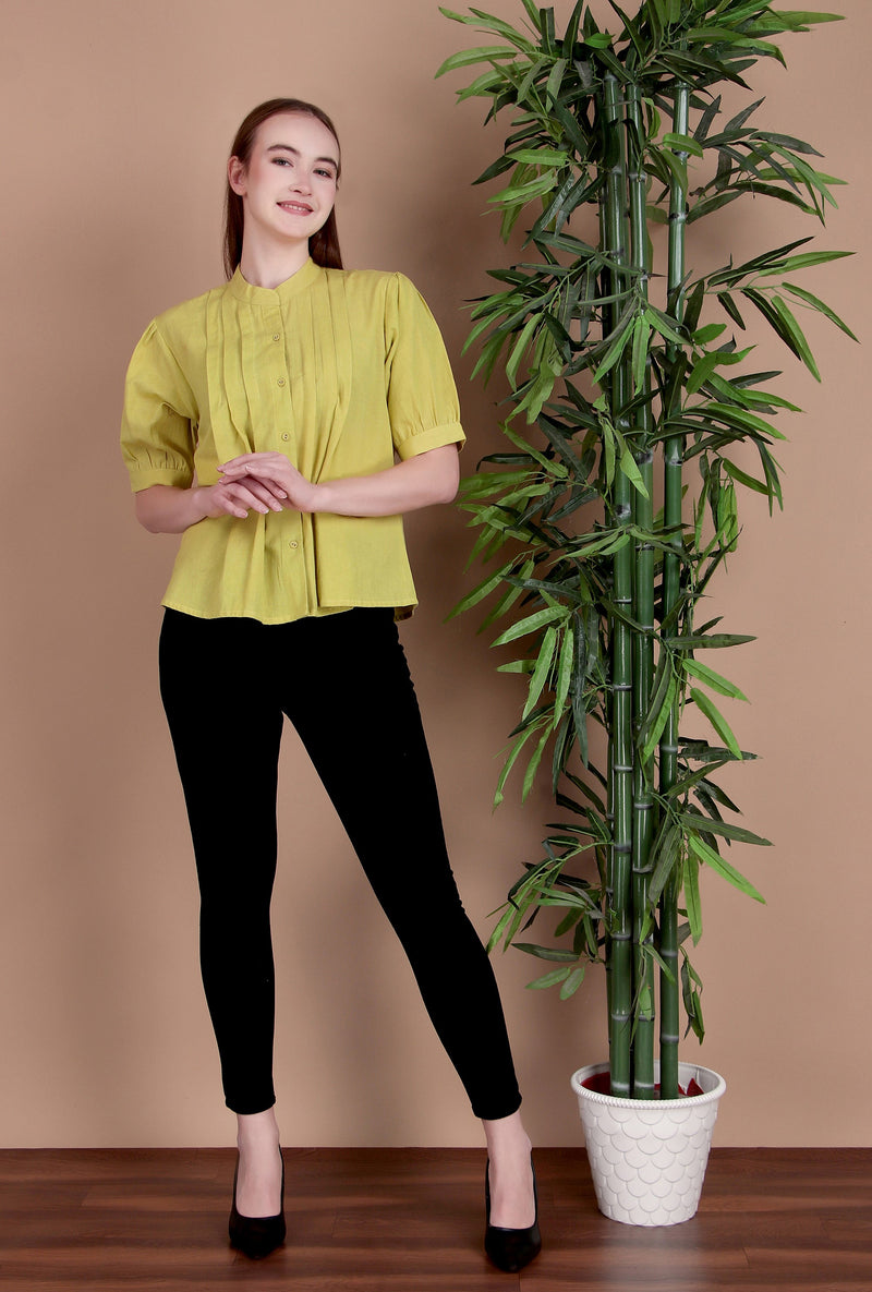 Miramaar Women's Cotton Flex Solid Lime Green Pintex Top