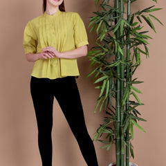 Miramaar Women's Cotton Flex Solid Lime Green Pintex Top