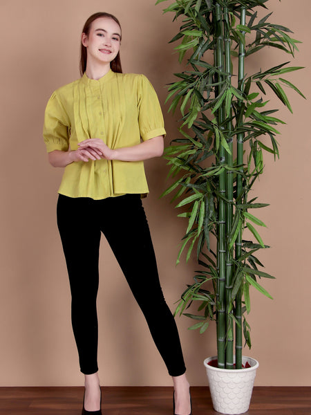 Miramaar Women's Cotton Flex Solid Lime Green Pintex Top