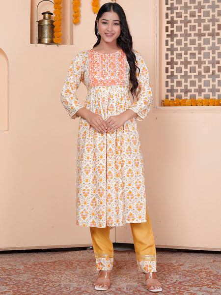 Miramaar Women's Off White Rayon Nyra Cut Kurta Set