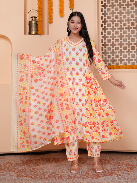 Miramaar Women's Yellow Printed Rayon Anarkali Adda Work Kurta Set