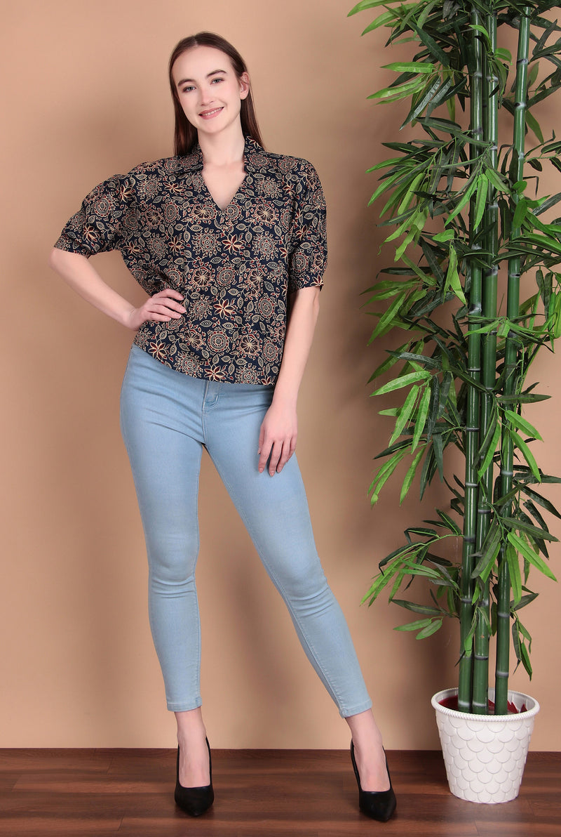 Miramaar Women's Cotton Printed Blue Regular Top