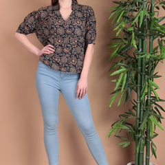 Miramaar Women's Cotton Printed Blue Regular Top