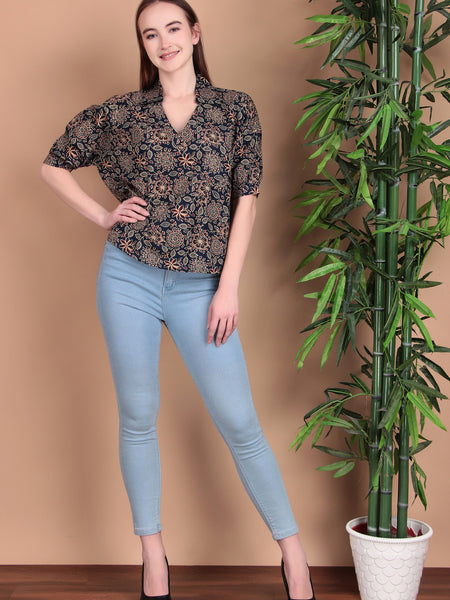 Miramaar Women's Cotton Printed Blue Regular Top