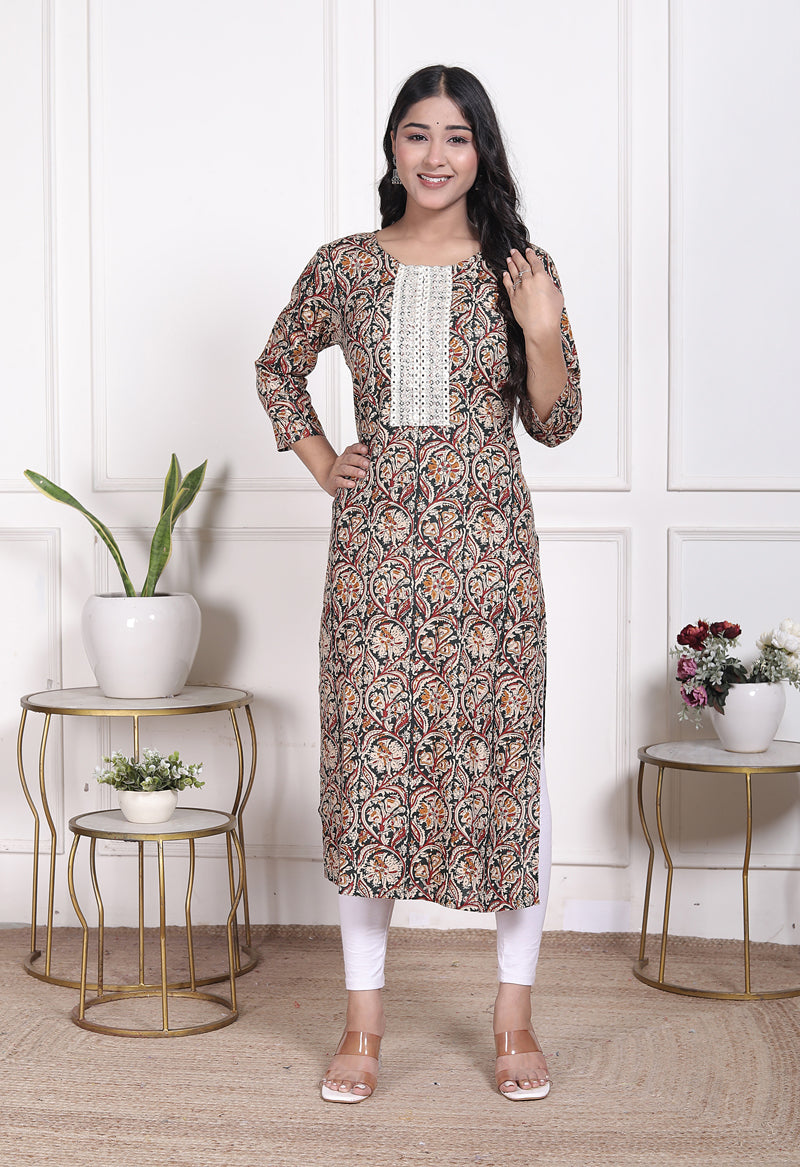 Miramaar Women's Green Lace Work Round Neck Straight Rayon Kurti