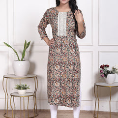 Miramaar Women's Green Lace Work Round Neck Straight Rayon Kurti