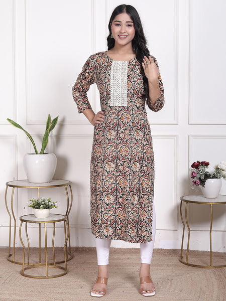 Miramaar Women's Green Lace Work Round Neck Straight Rayon Kurti