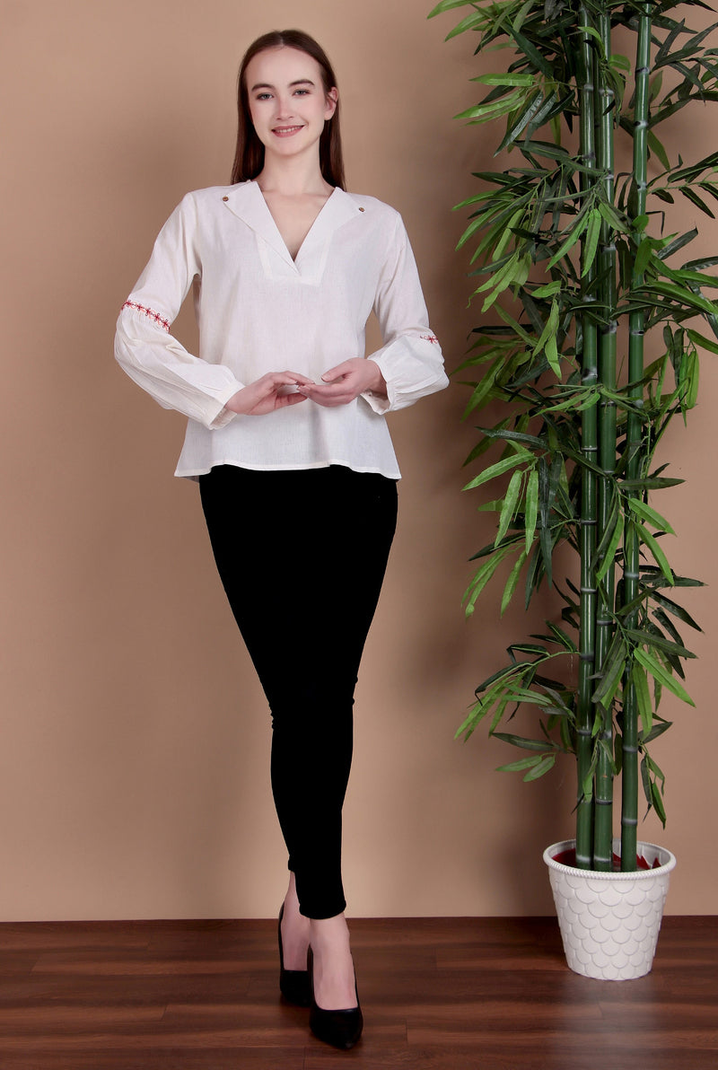 Miramaar Women's Cotton Flex Collared White Solid Embroidered Top