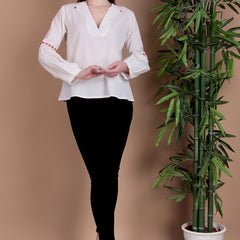 Miramaar Women's Cotton Flex Collared White Solid Embroidered Top