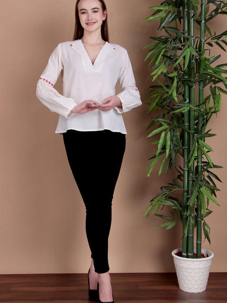 Miramaar Women's Cotton Flex Collared White Solid Embroidered Top