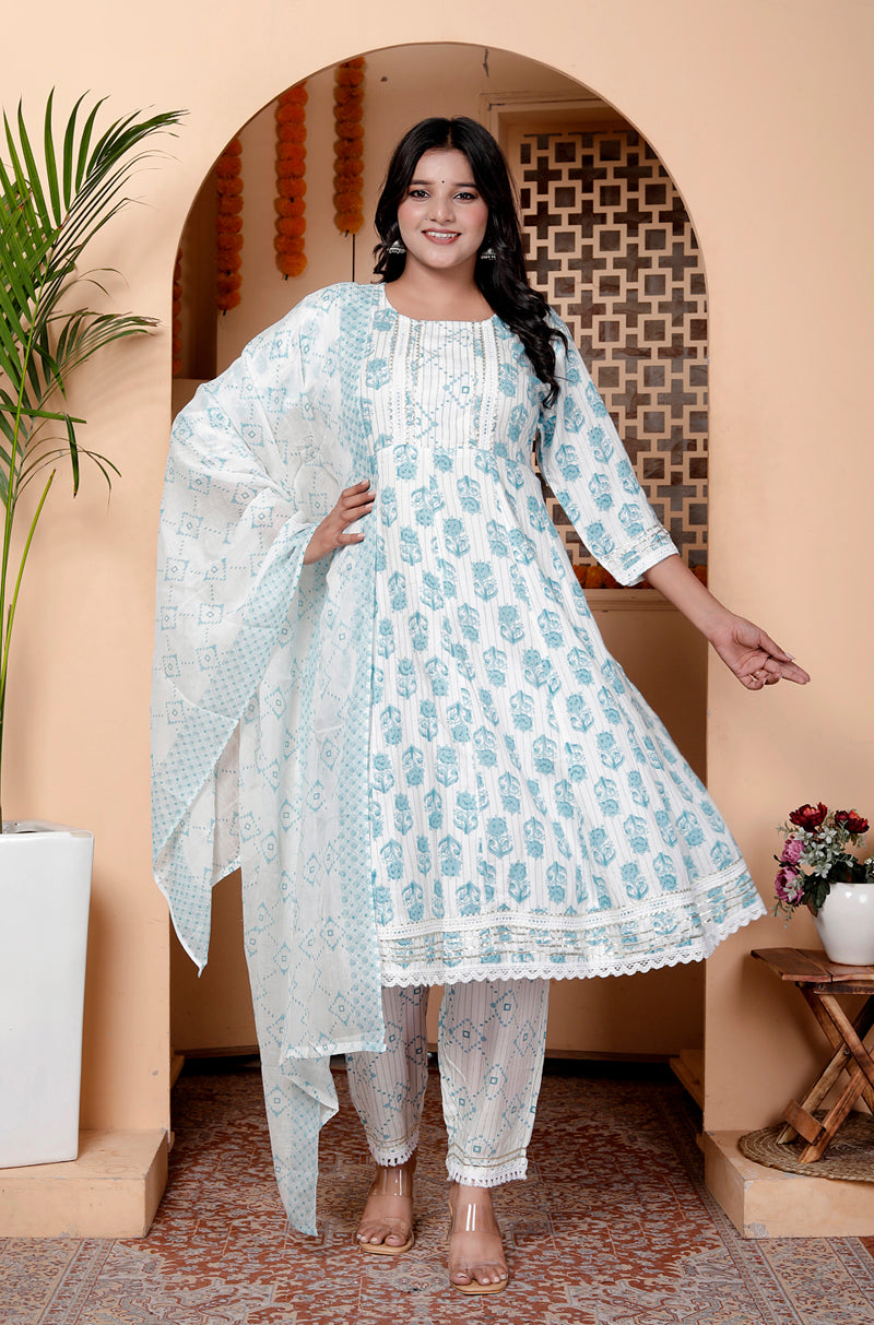 Miramaar Women's Off White & Blue Rayon Round Neck A-line Kurta Set with Dupatta