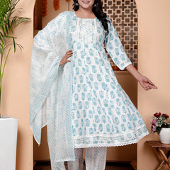 Miramaar Women's Off White & Blue Rayon Round Neck A-line Kurta Set with Dupatta