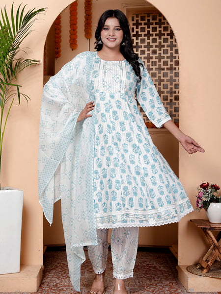 Miramaar Women's Off White & Blue Rayon Round Neck A-line Kurta Set with Dupatta