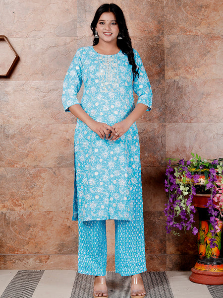 Miramaar Women's Light Blue Embroidered Straight Kurta Pant Set