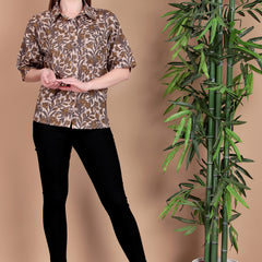 Miramaar Women's Cotton Spread Collar Beige Printed Top