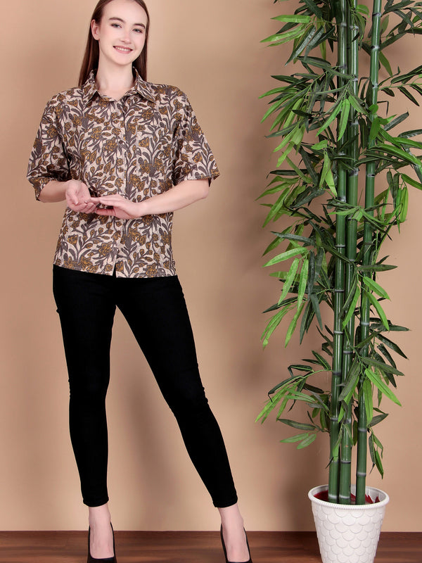 Miramaar Women's Cotton Spread Collar Beige Printed Top