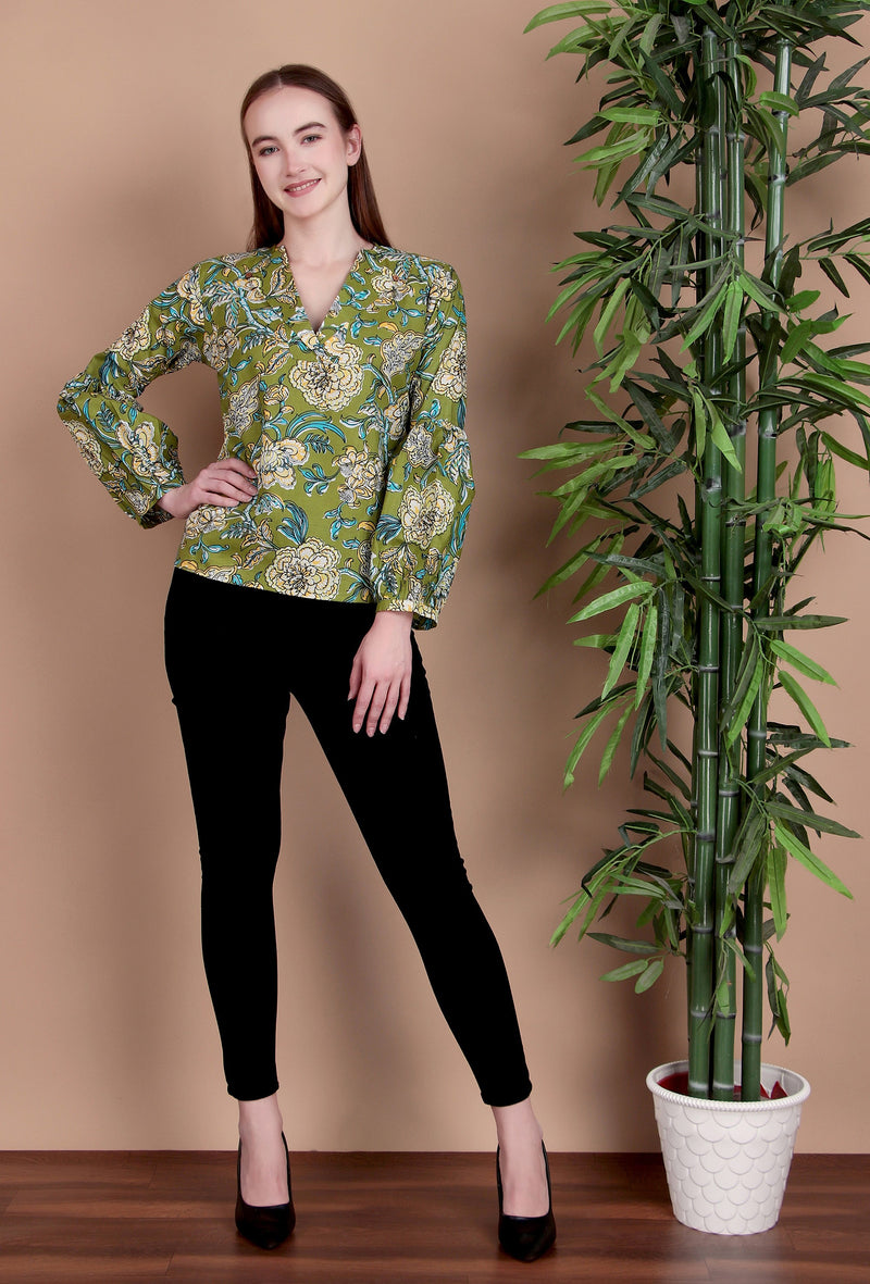 Miramaar Women's Cotton V-Neck Green Printed Top