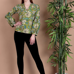 Miramaar Women's Cotton V-Neck Green Printed Top