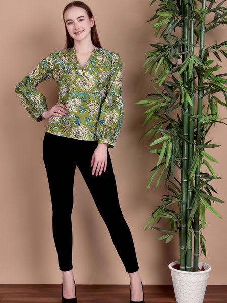 Miramaar Women's Cotton V-Neck Green Printed Top