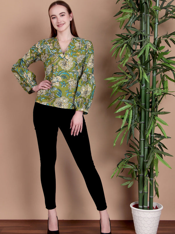 Miramaar Women's Cotton V-Neck Green Printed Top